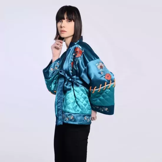 Petrolejová vyšívaná bunda Kimono